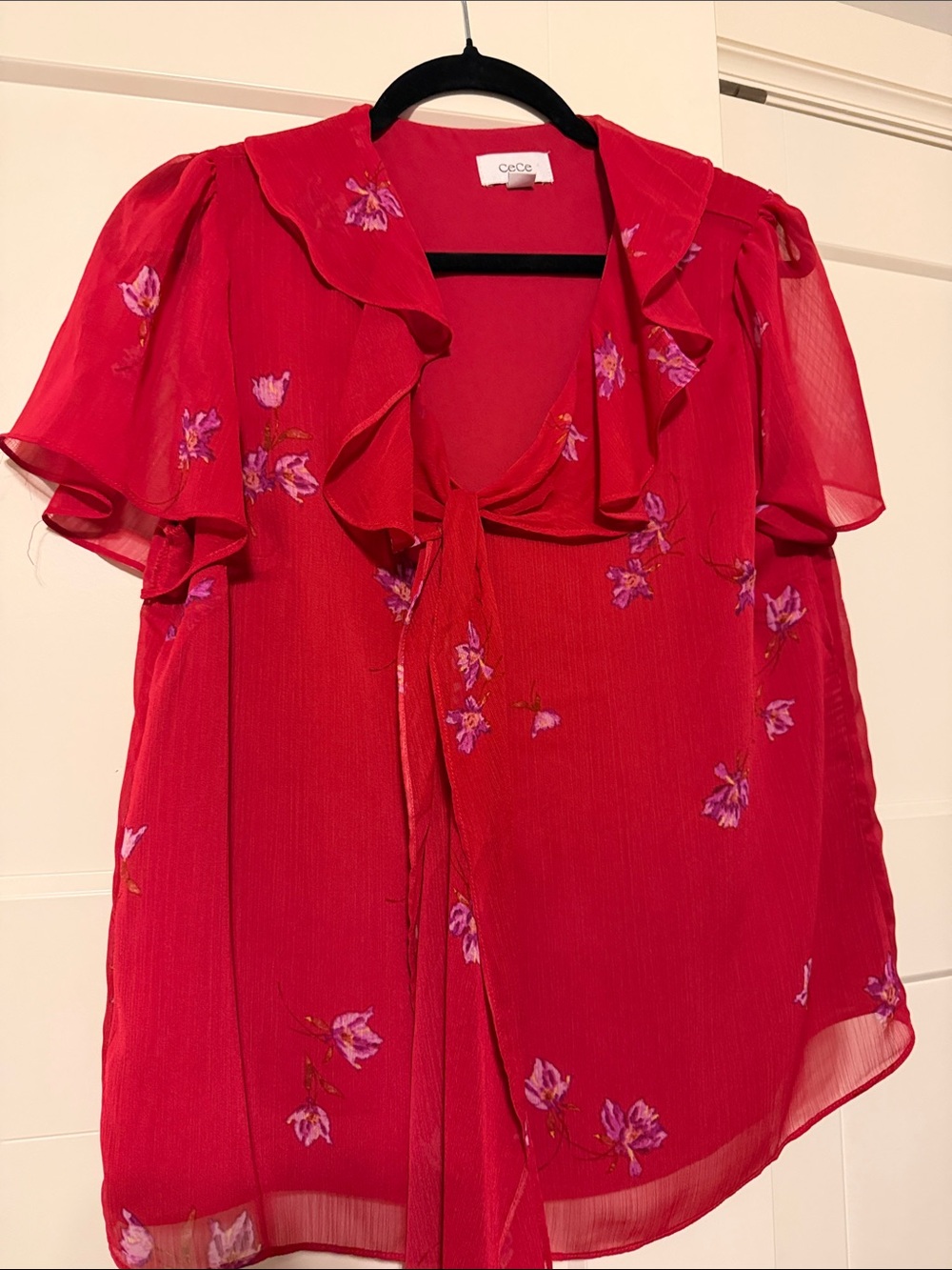 CeCe Red Floral Ruffle Tie-Neck Blouse